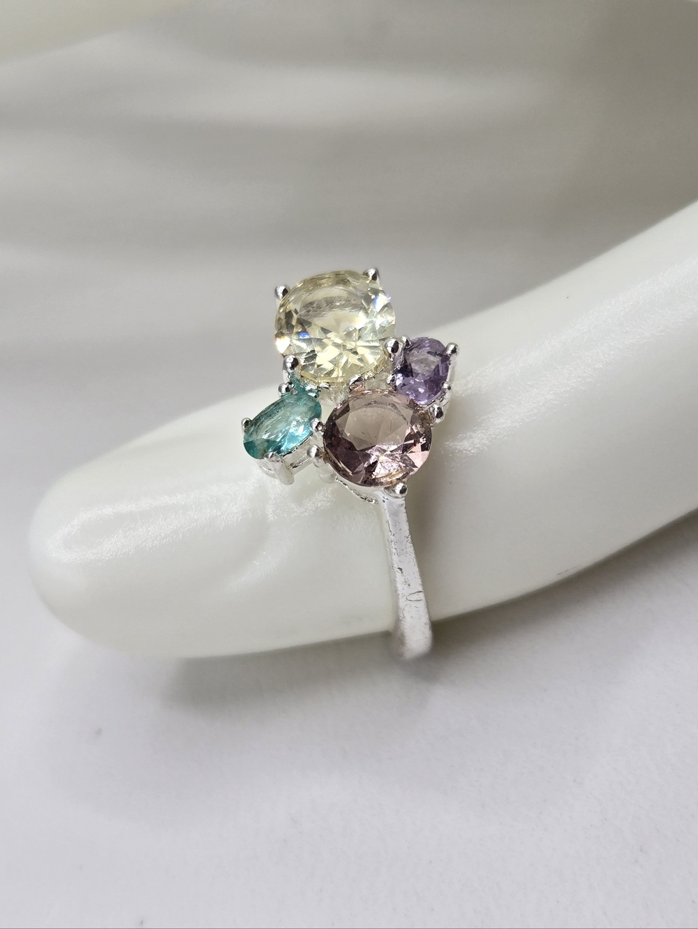 Swarovski Crystal Elements Silver Statement Ring Blue Purple Yellow Size 7.5 - Picture 2 of 7